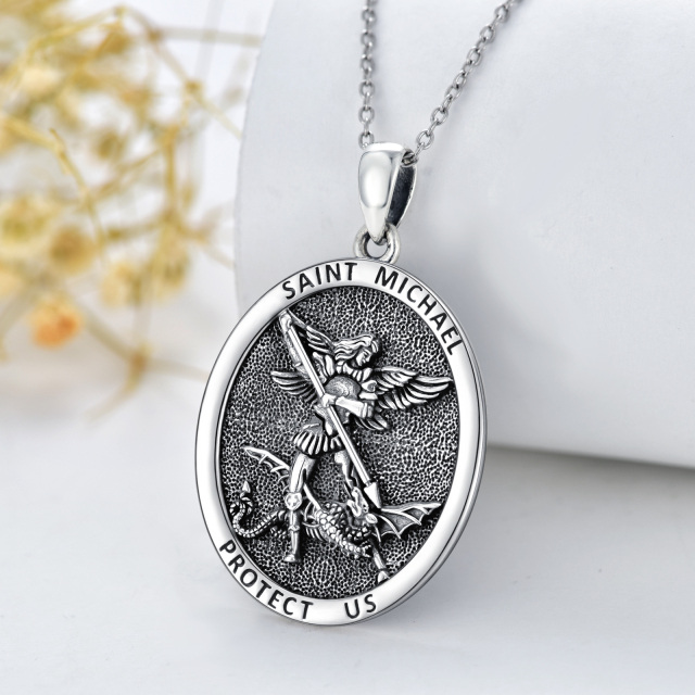 Sterling Silver Saint Michael Oval Shaped Pendant Necklace with Engraved Word for Men-2