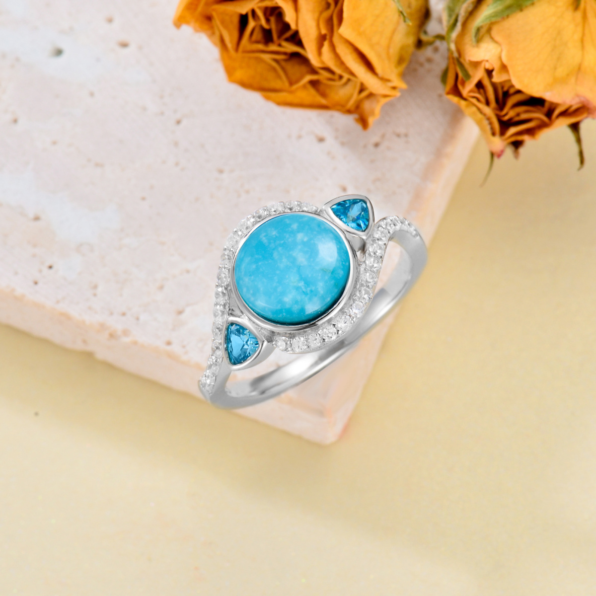 Sterling Silver Circular Shaped Turquoise Couple Ring-3