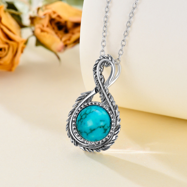 Sterling Silver Circular Shaped Turquoise Feather & Infinity Symbol Pendant Necklace-2