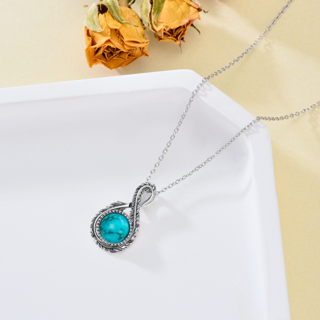 Sterling Silver Circular Shaped Turquoise Feather & Infinity Symbol Pendant Necklace-4