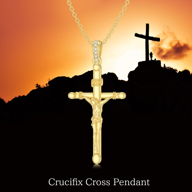 Sterling Silver with Yellow Gold Plated Round Moissanite Cross Pendant Necklace-2