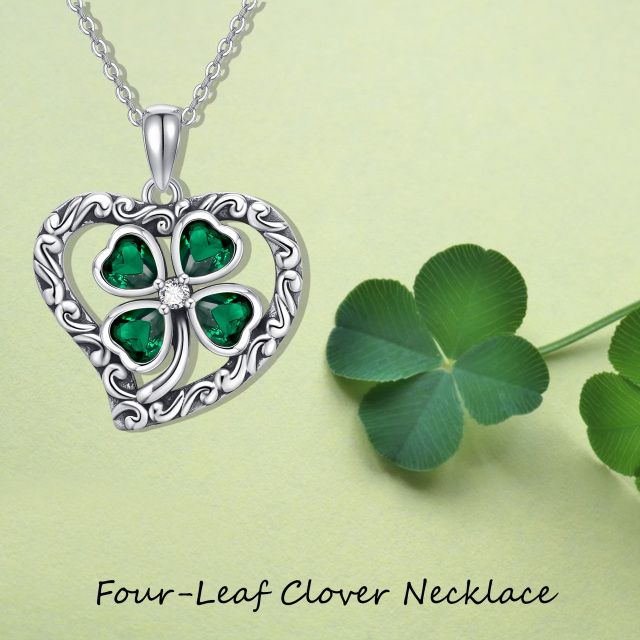 Sterling Silver Circular Shaped & Heart Shaped Cubic Zirconia Four Leaf Clover & Heart Pendant Necklace-4