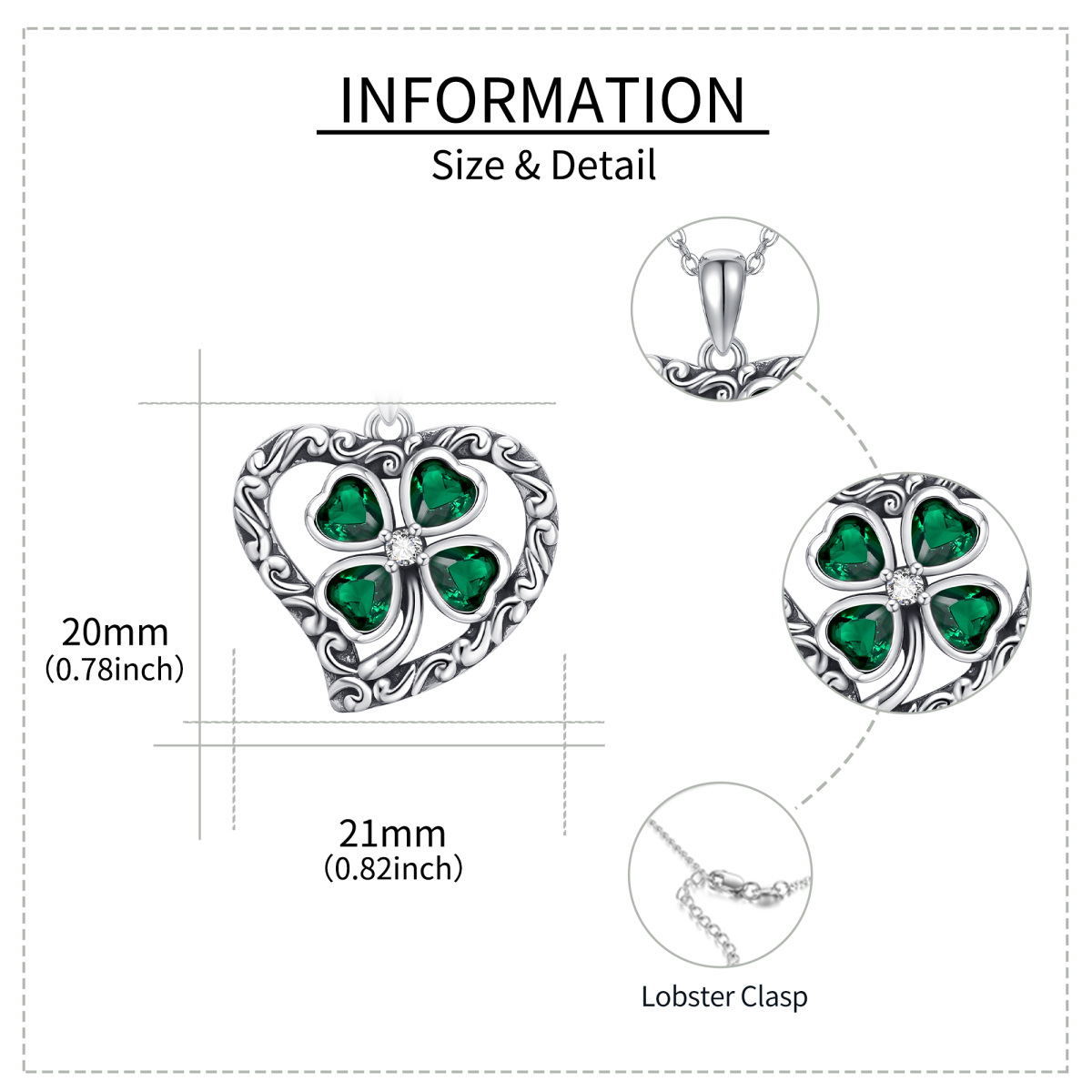 Sterling Silver Circular Shaped & Heart Shaped Cubic Zirconia Four Leaf Clover & Heart Pendant Necklace-6