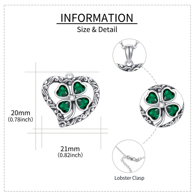 Sterling Silver Circular Shaped & Heart Shaped Cubic Zirconia Four Leaf Clover & Heart Pendant Necklace-5