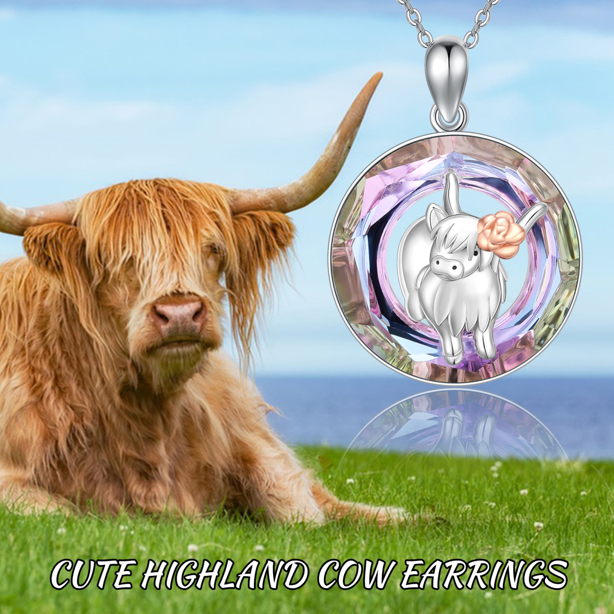Sterling Silver Two-tone Circular Shaped Highland Cow Crystal Pendant Necklace-6
