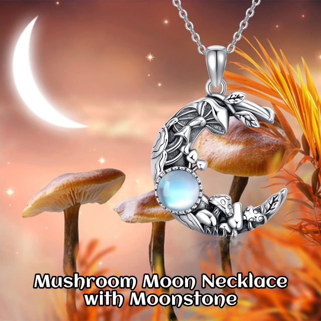 Sterling Silver Round Moonstone Mushroom & Moon Pendant Necklace-2