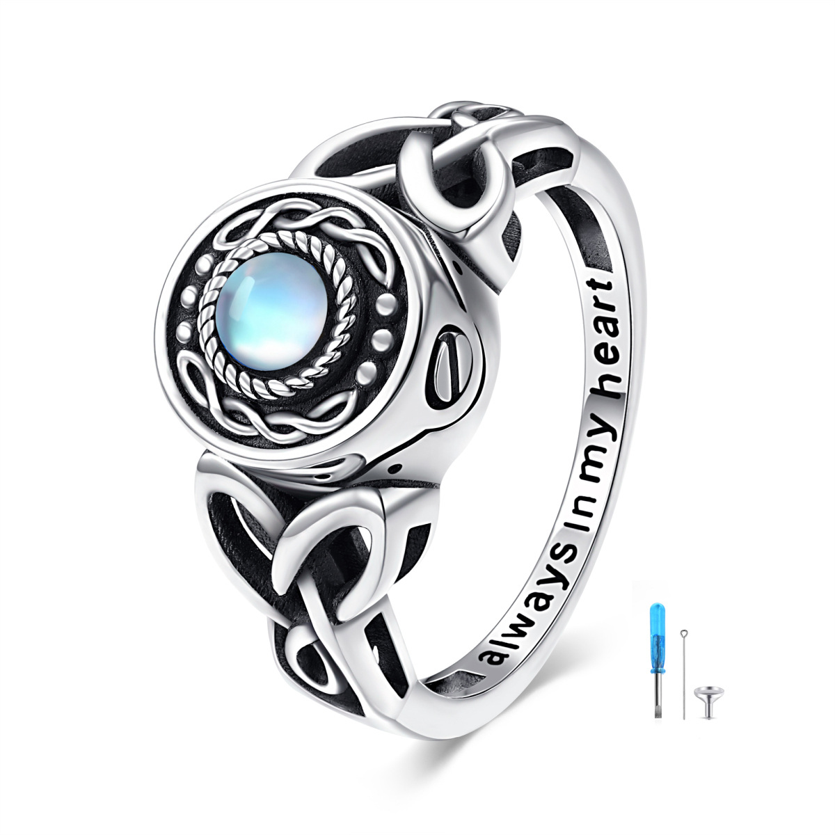 Sterling Silver Circular Shaped Moonstone Celtic Knot & Heart Urn Ring with Engraved Word-1