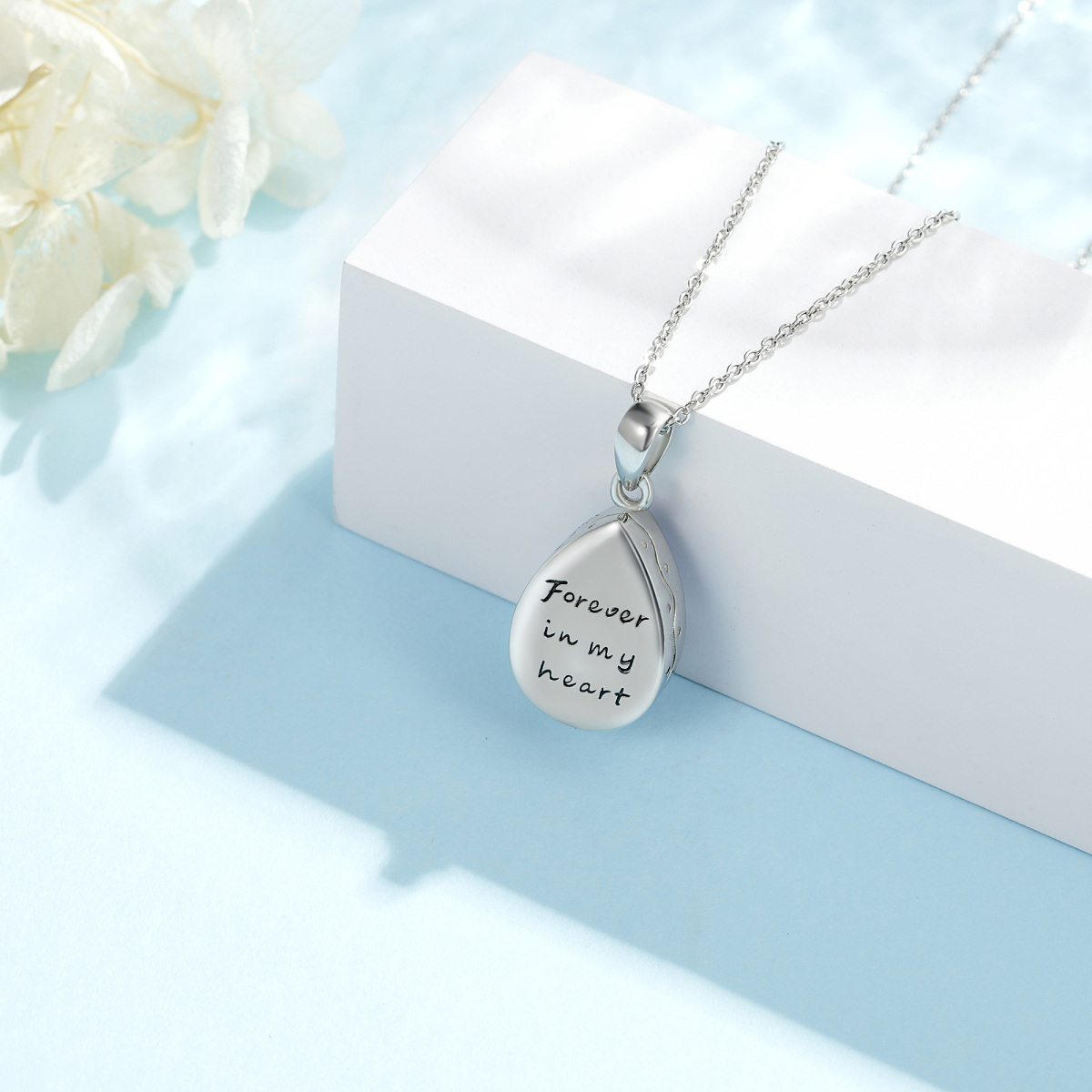 Sterling Silver Pear Shaped Moonstone Lotus Urn Necklace for Ashes with Engraved Word-4