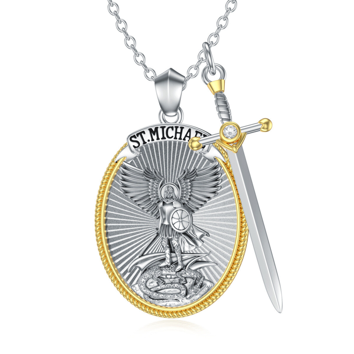 Collier en argent bicolore avec pendentif Saint Michel et épée pour hommes-1