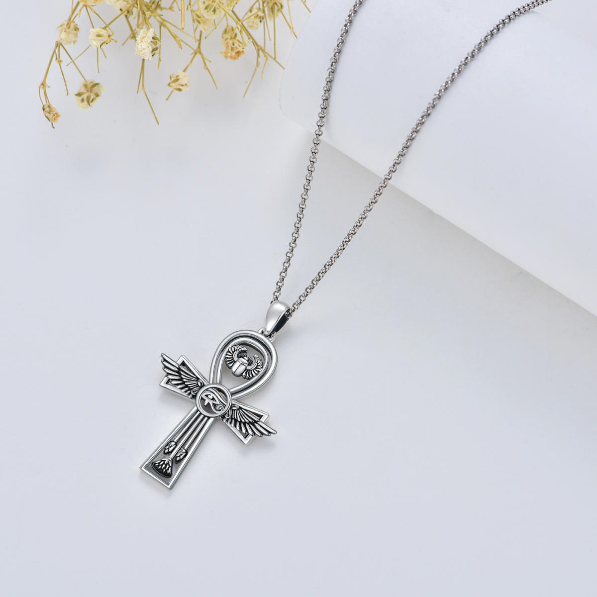 Sterling Silver Cross & Eye Of Horus Pendant Necklace for Men-3