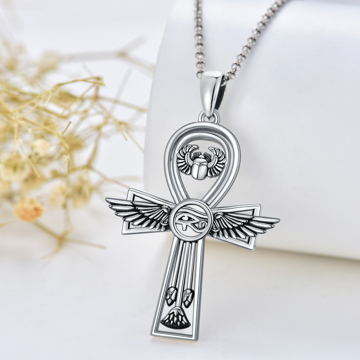 Sterling Silver Cross & Eye Of Horus Pendant Necklace for Men-4