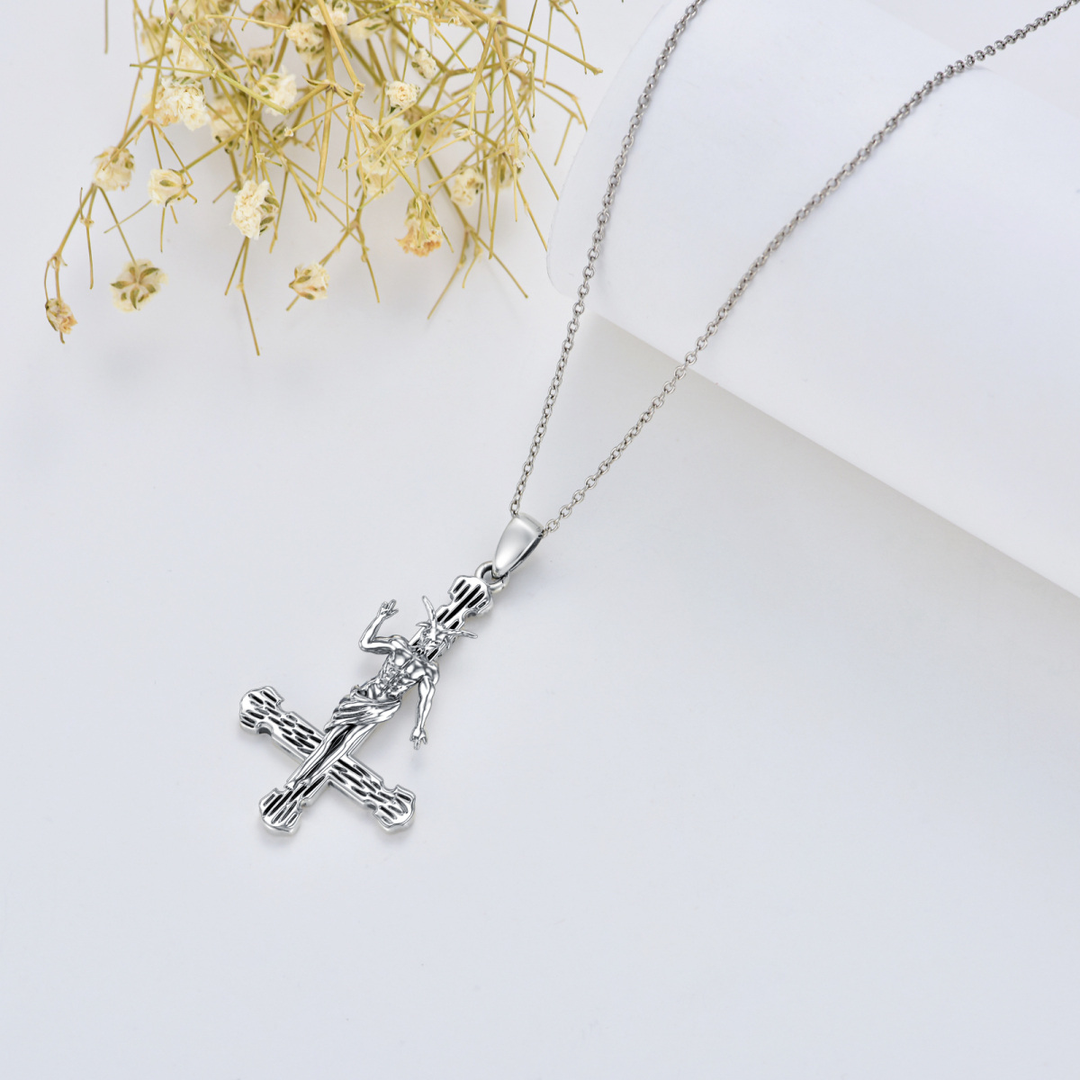 Sterling Silver Cross & Satanic Goat Pendant Necklace-4