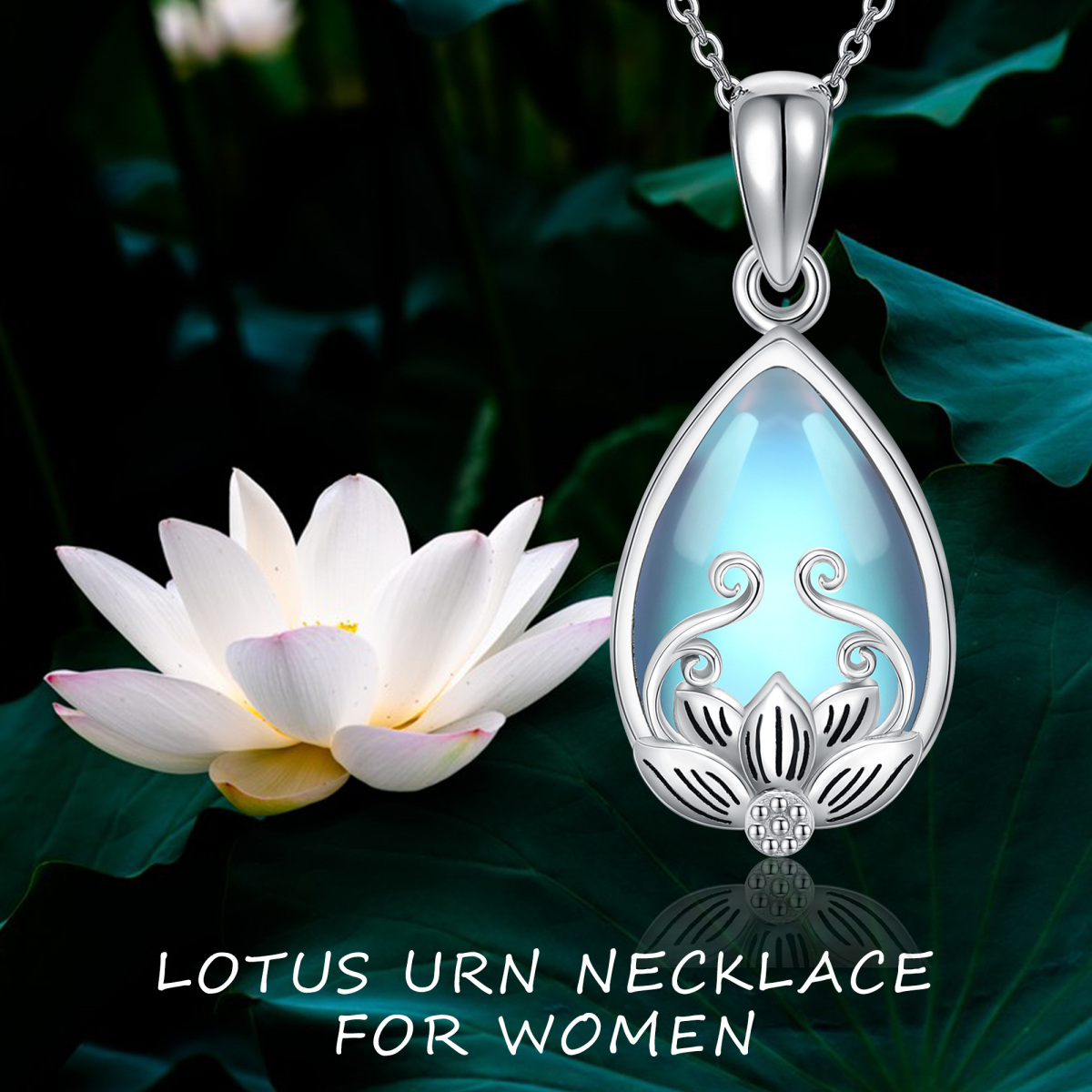 Sterling Silver Pear Shaped Moonstone Lotus Urn Necklace for Ashes with Engraved Word-6