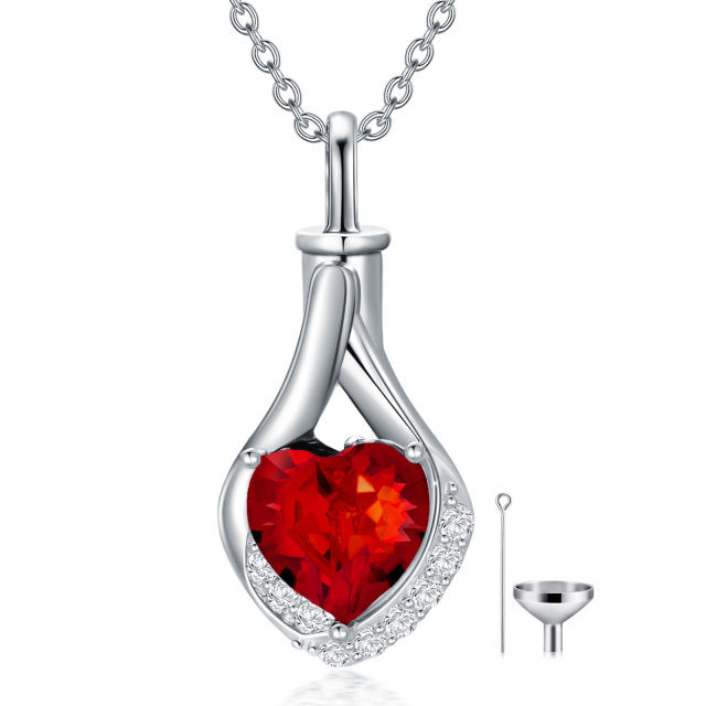 Sterling Silver Garmet Crystal Heart Urn Necklace for Ashes-0