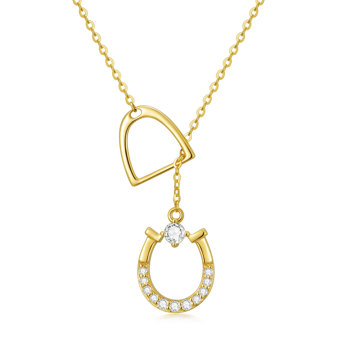 14K Gold Circular Shaped Cubic Zirconia Horseshoe Pendant Necklace-1