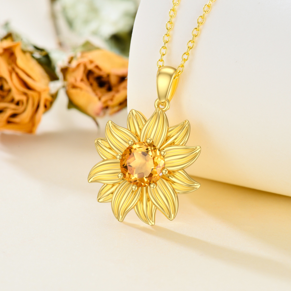 Sterling Silver with Yellow Gold Plated Round Crystal Sunflower Pendant Necklace-3