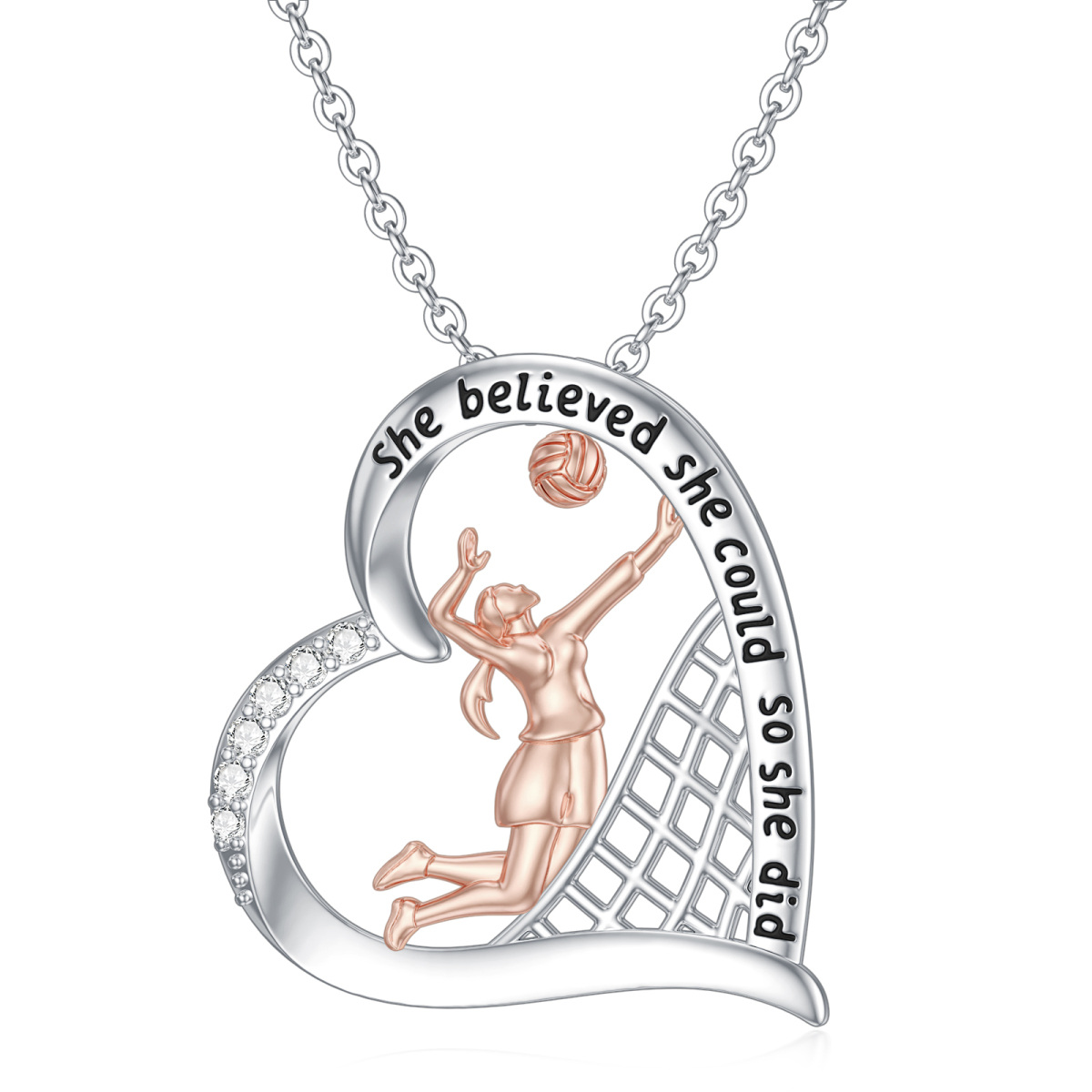 Sterling Silver with Rose Gold Plated Zircon Gymnast Pendant Necklace with Engraved Word-1