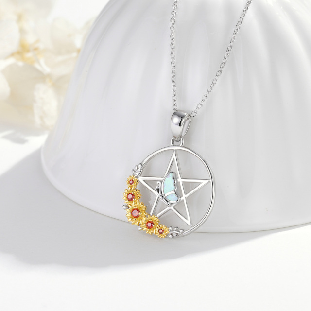 Sterling Silver Two-tone Opal Butterfly & Sunflower & Pentagram Pendant Necklace-2