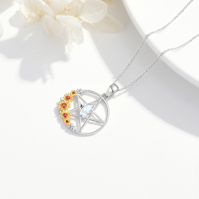 Sterling Silver Two-tone Opal Butterfly & Sunflower & Pentagram Pendant Necklace-3