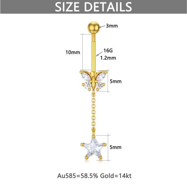 Anel em ouro de 14 quilates com zircónio cúbico, borboleta e estrela para o umbigo-4