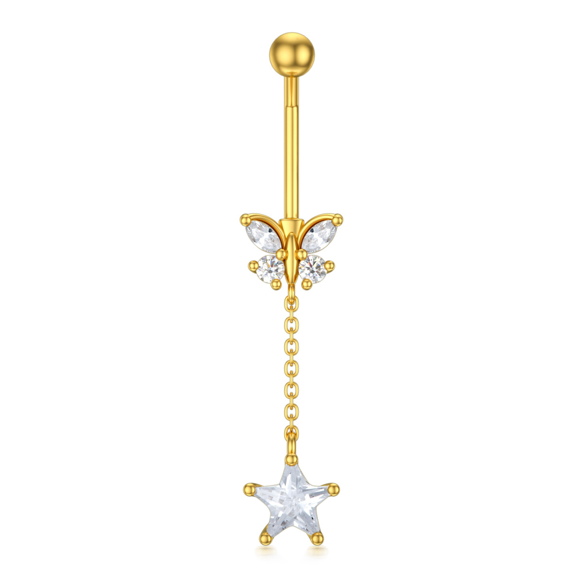 Anillo de oro de 14 quilates con circonita cúbica Mariposa y estrella para el ombligo-1