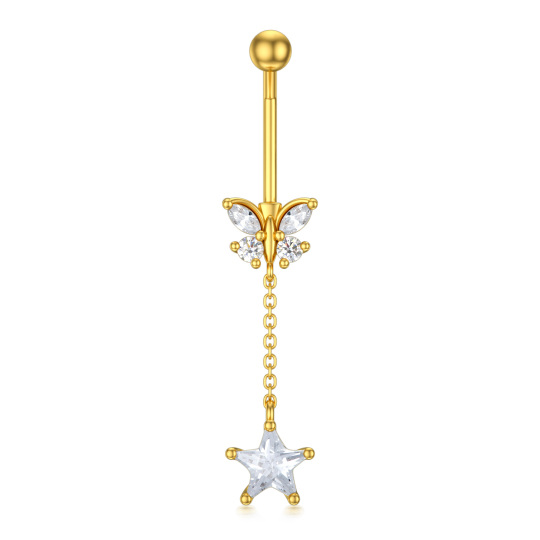 Anel em ouro de 14 quilates com zircónio cúbico, borboleta e estrela para o umbigo
