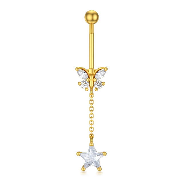 14K Gold Cubic Zirconia Butterfly & Star Belly Button Ring-4