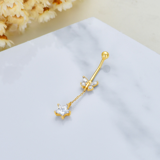 14K Gold Cubic Zirconia Butterfly & Star Belly Button Ring-4