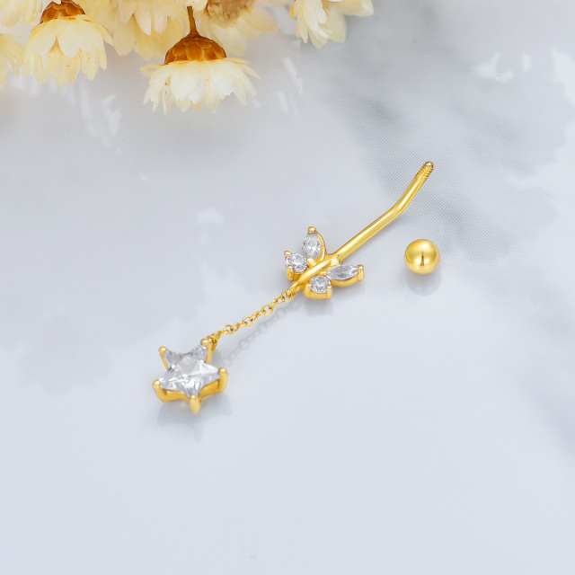 14K Gold Cubic Zirconia Butterfly & Star Belly Button Ring-2