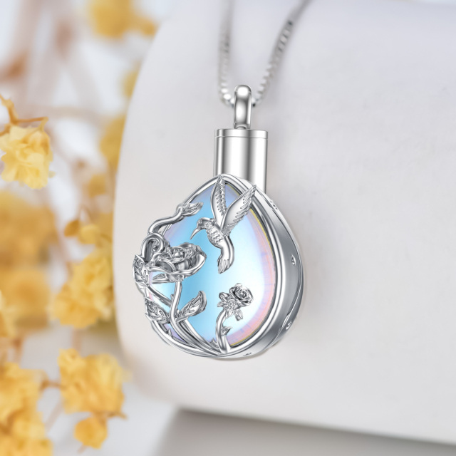 Collier en argent sterling avec urne en pierre de lune, colibri et rose-3