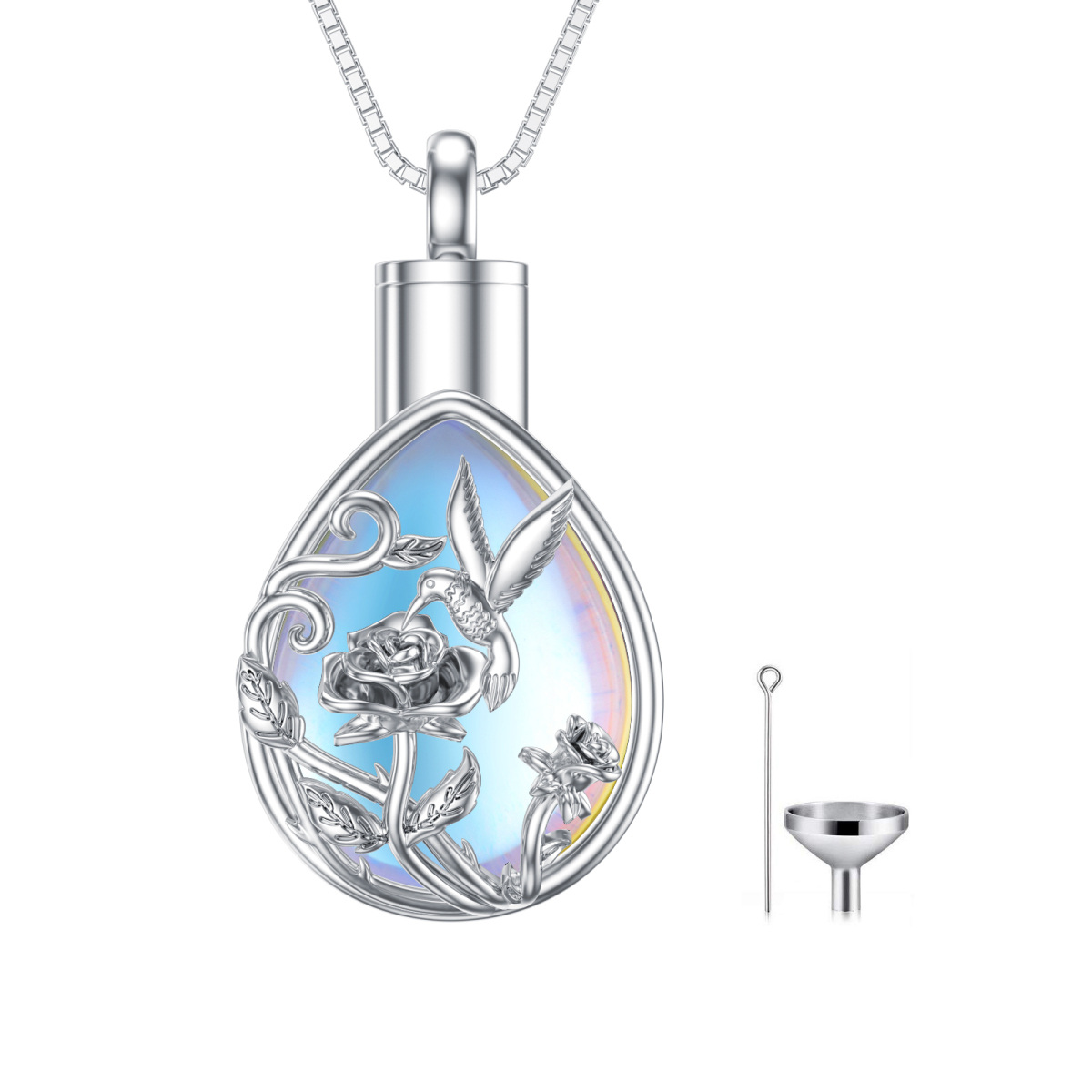 Sterling Silver Moonstone Hummingbird & Rose Urn Necklace for Ashes-1