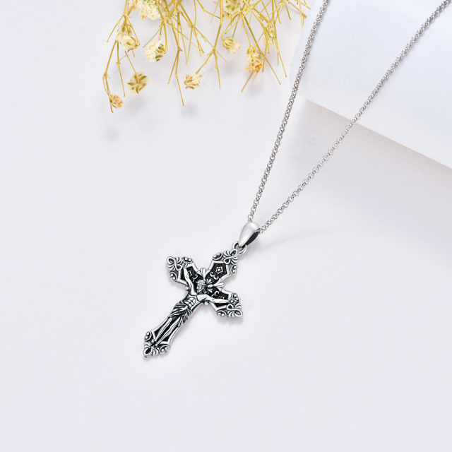 Cruz de plata de ley y Jesús colgante collar con cadena de Rolo-3