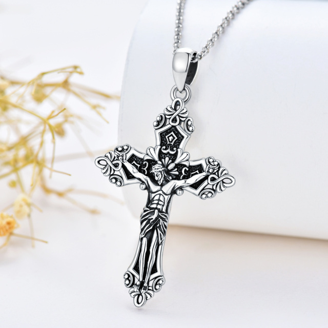 Sterling Silver Cross & Jesus Pendant Necklace with Rolo Chain-2