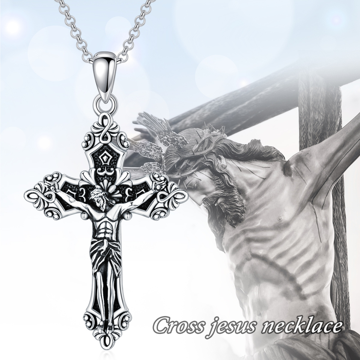 Sterling Silver Cross & Jesus Pendant Necklace with Rolo Chain-6
