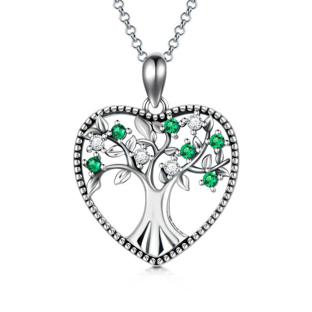 Sterling Silver Circular Shaped Cubic Zirconia Tree Of Life & Heart Pendant Necklace-1