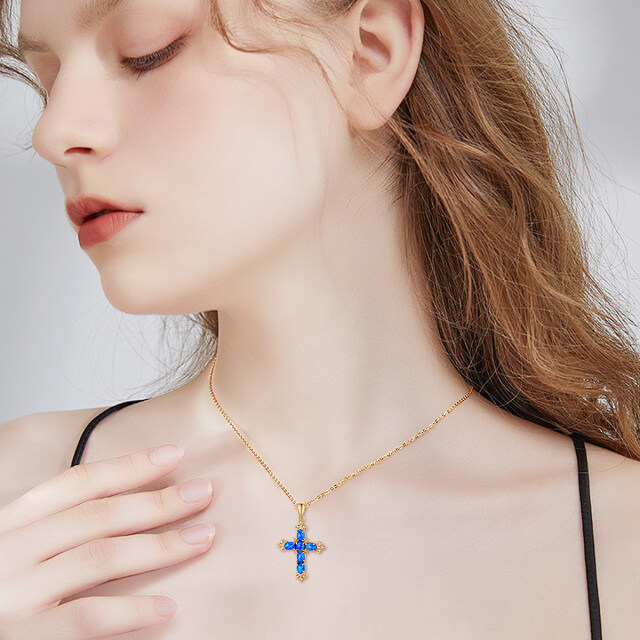 14K Gold Oval Shaped Blue Opal Cross Pendant Necklace-1
