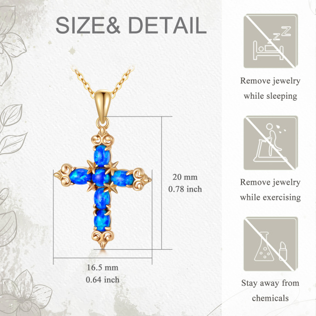 14K Gold Oval geformt Blau Opal Kreuz Anhänger Halskette-4