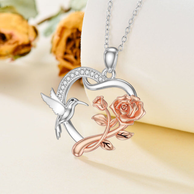 Sterling Silver Two-tone Circular Shaped Cubic Zirconia Hummingbird & Rose & Heart Pendant Necklace-3