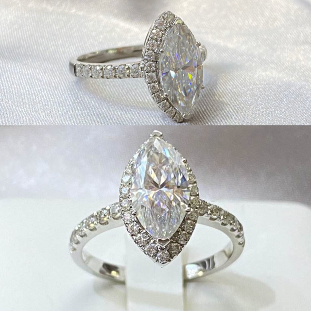 Bague de couple en or blanc 10K avec Moissanite en forme de marquise-2