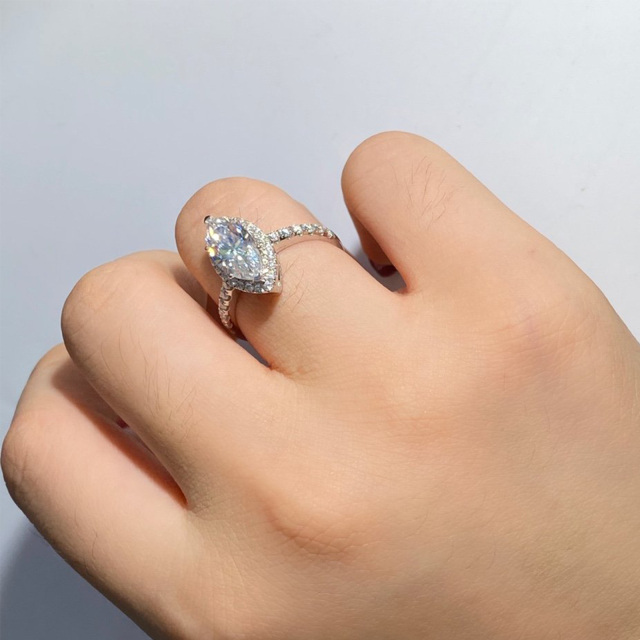 Anel de casal Moissanite em ouro branco 10K em forma de marquise-1