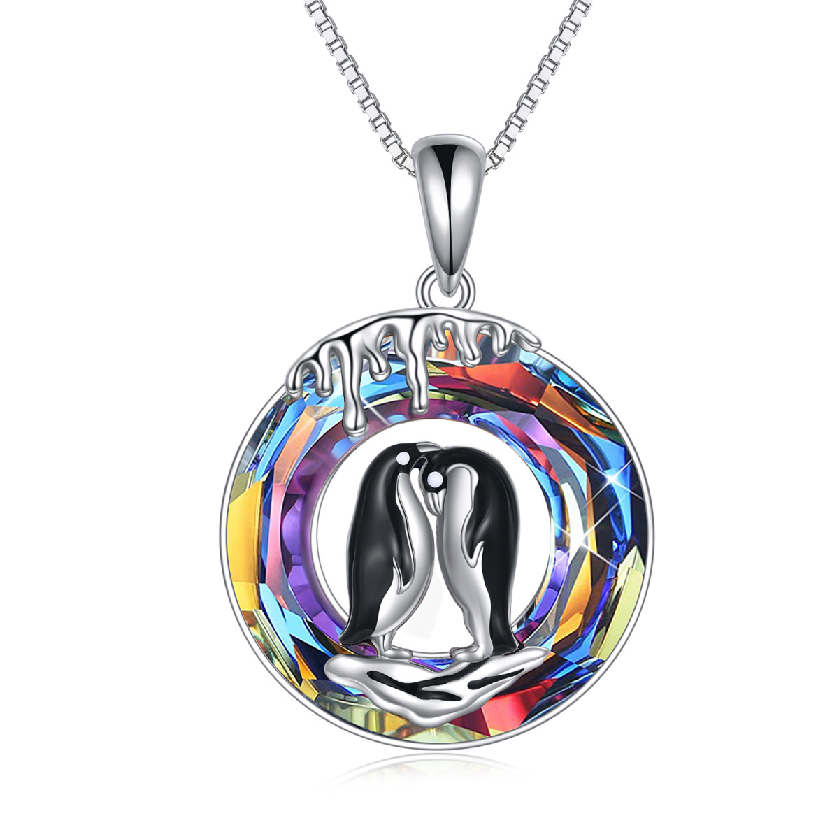 Sterling Silver Round Penguin Crystal Pendant Necklace-1