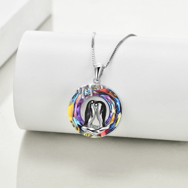 Sterling Silver Round Penguin Crystal Pendant Necklace-2