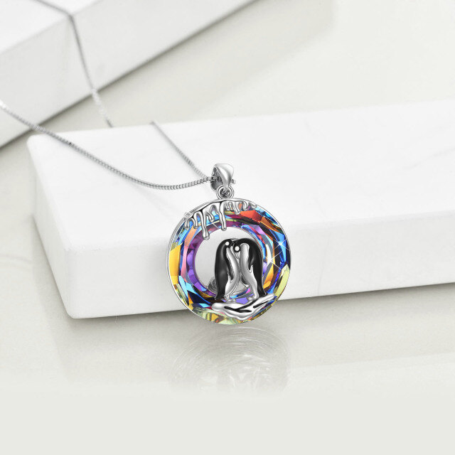 Sterling Silver Round Penguin Crystal Pendant Necklace-3