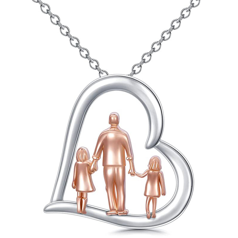 Collier en argent sterling avec pendentif en forme de coeur père et fille bicolore-1