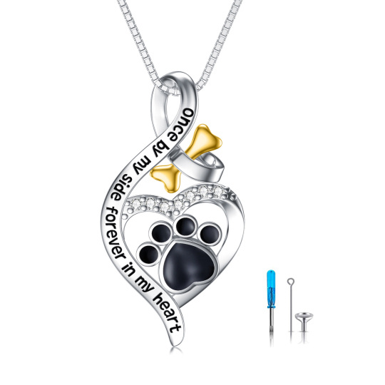 Collier Urne en argent sterling bicolore avec chien et symbole de l'infini en zircon cubiq