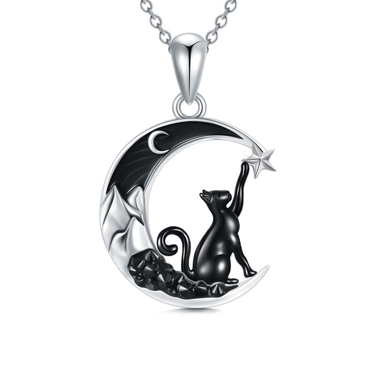 Sterling Silver Two-tone Cat & Moon Star Pendant Necklace-1