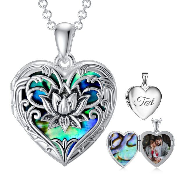 Sterling Silver Heart Shaped Abalone Shellfish & Personalized Engraving Lotus & Personalized Photo & Heart Personalized Photo Locket Necklace-5