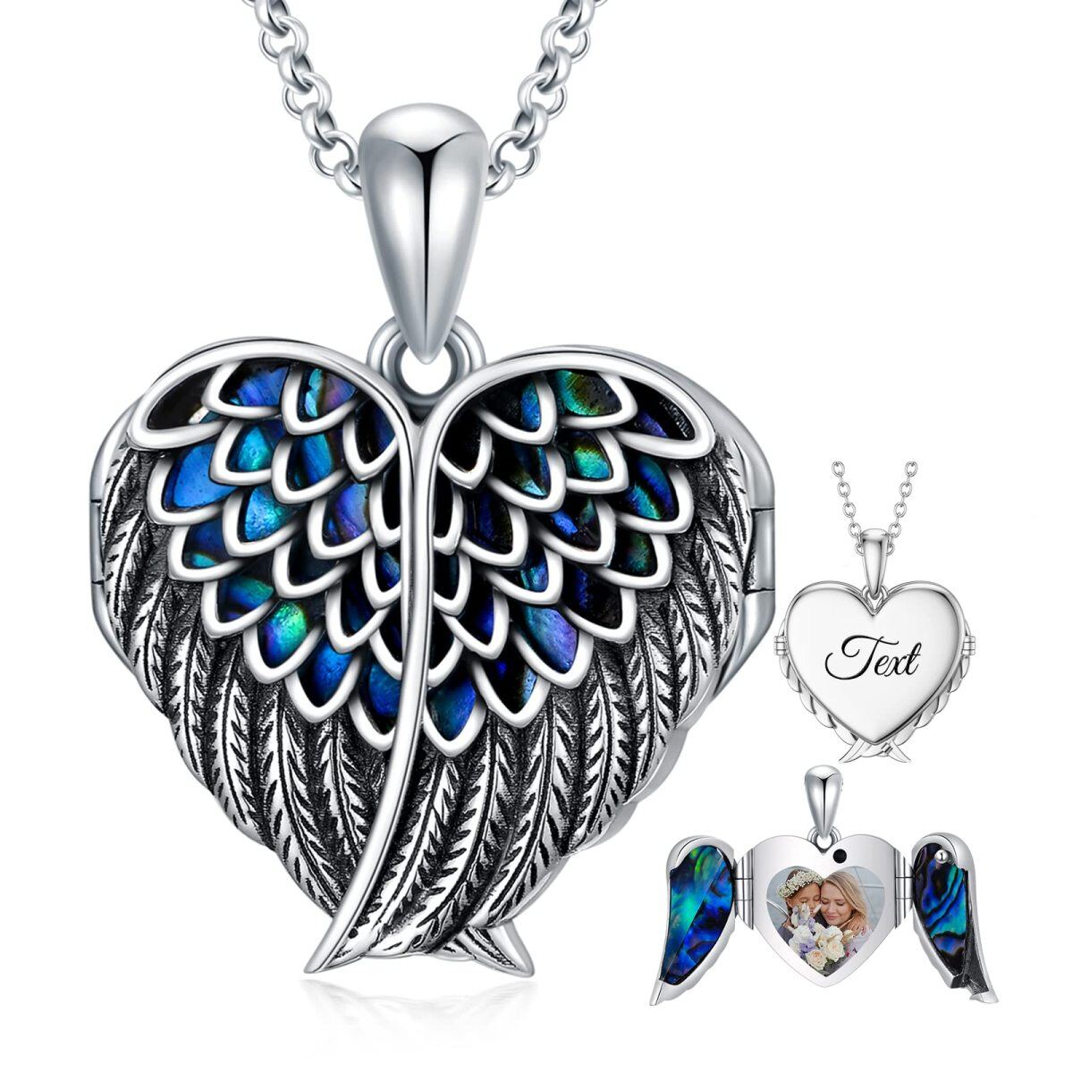 Sterling Silver Angel Wing Heart Abalone Shellfish Personalized Engraving Photo Locket Necklace-1