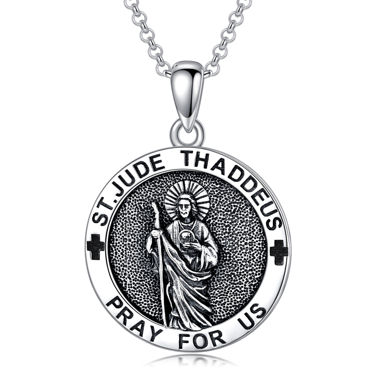 Collar de plata de ley con colgante de San Judas y palabra grabada-1