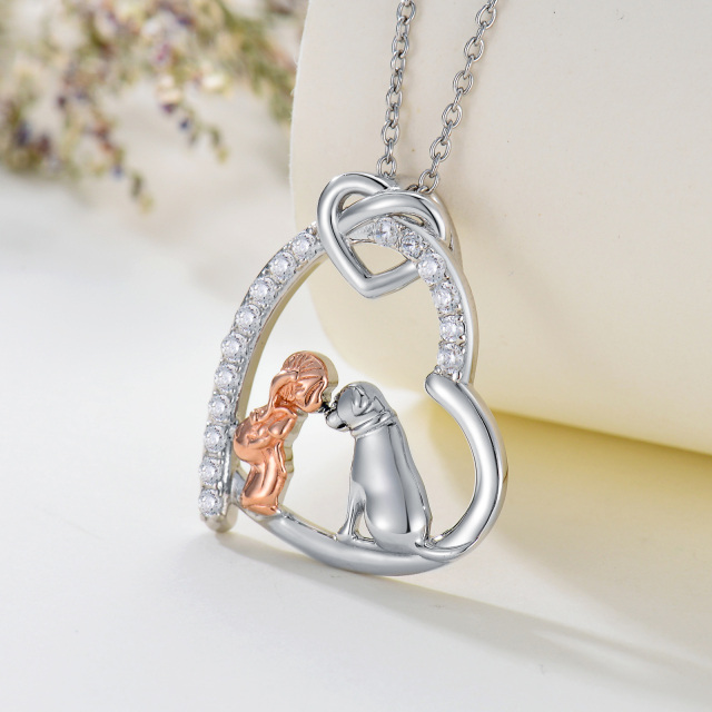 Sterling Silver Two-tone Zirconia Girl & Dog Love Knot Heart Pendant Necklace-4